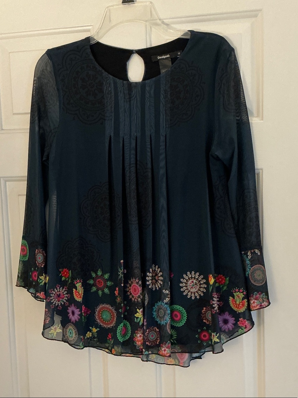 Desigual Blue Floral-Trim Pleated Blouse size Medium